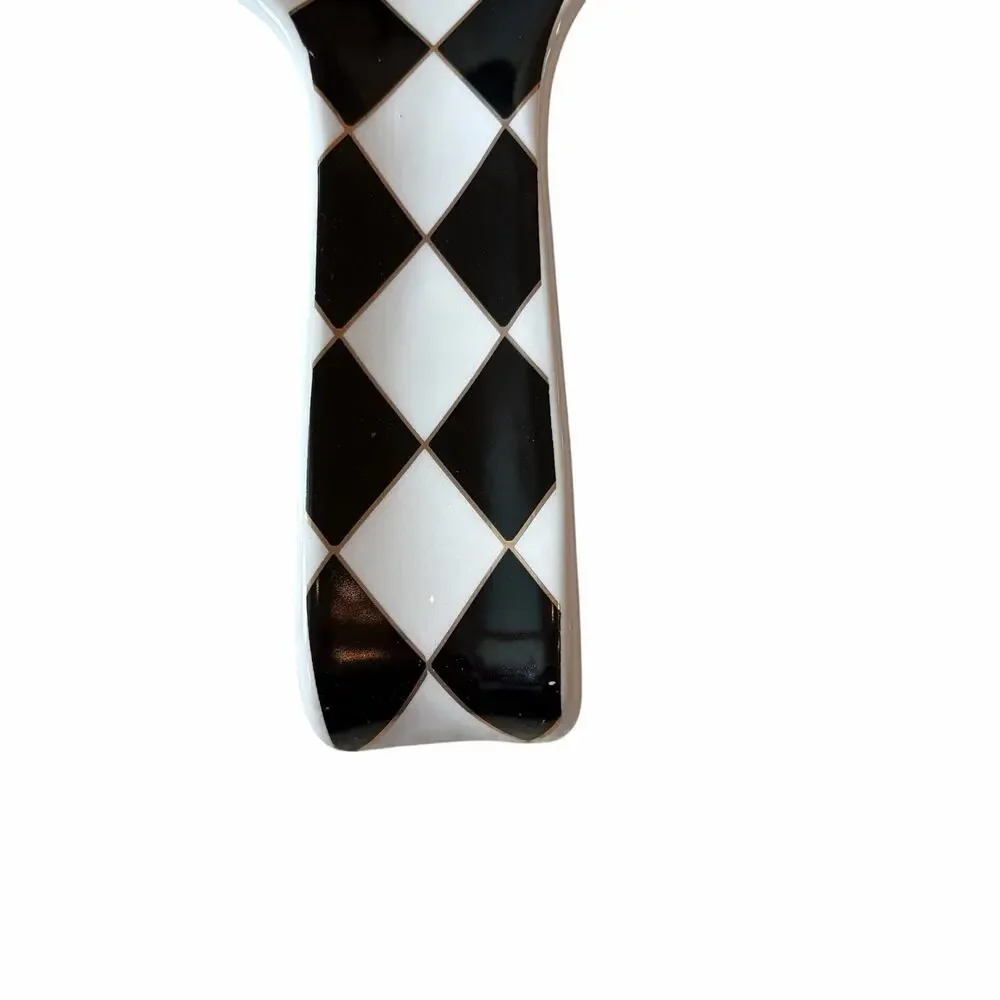 Black & White Harlequin Pumpkin Spoon Rest 10in Ceramic Checkered Halloween NEW